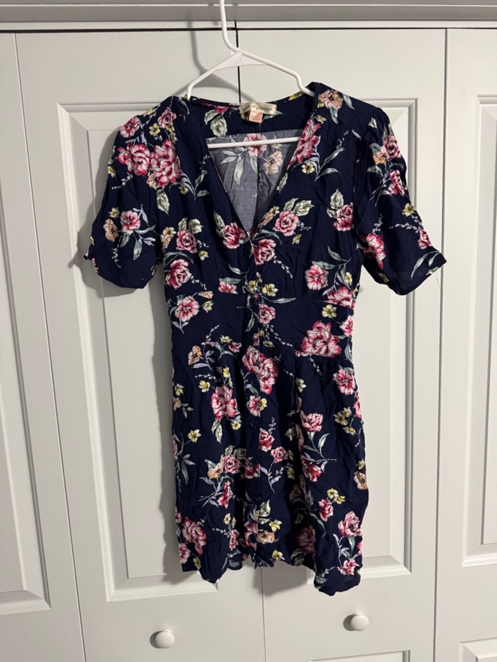 Band of Gypsies Navy Floral Scoop Neck Dress with Pink Flowers